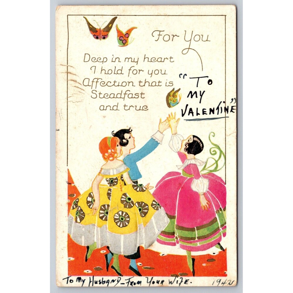 Vtg 1942 Valentine Postcard WWII Era Embossed Romantic Art Deco Wife to Husband